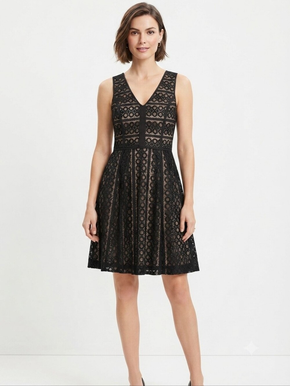 Ann Taylor LOFT Black & Nude Geometric Lace Sleeveless Fit & Flare Dress Sz 6